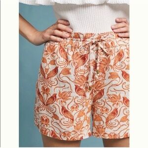 Anthropologie Cream Orange 100% Linen Floral Bird Print Jolene Shorts